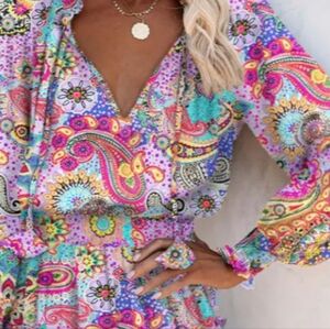 Paisley Print Ruffle Hem Shirred Waist Casual Dress By ChicMe